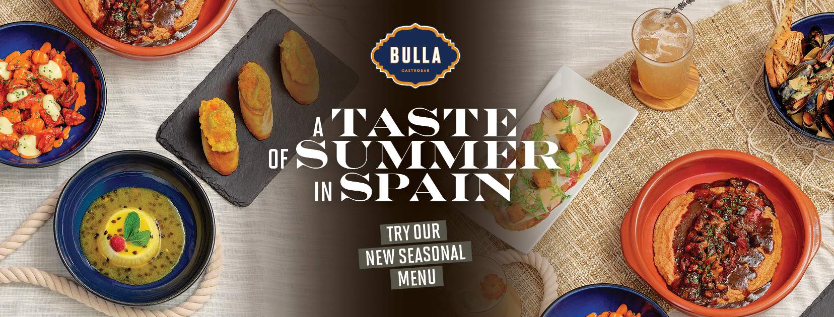 Bulla Gastrobar summer menu promotion featuring Spanish-inspired seasonal dishes, summer cocktails, and the headline A Taste of Summer in Spain.