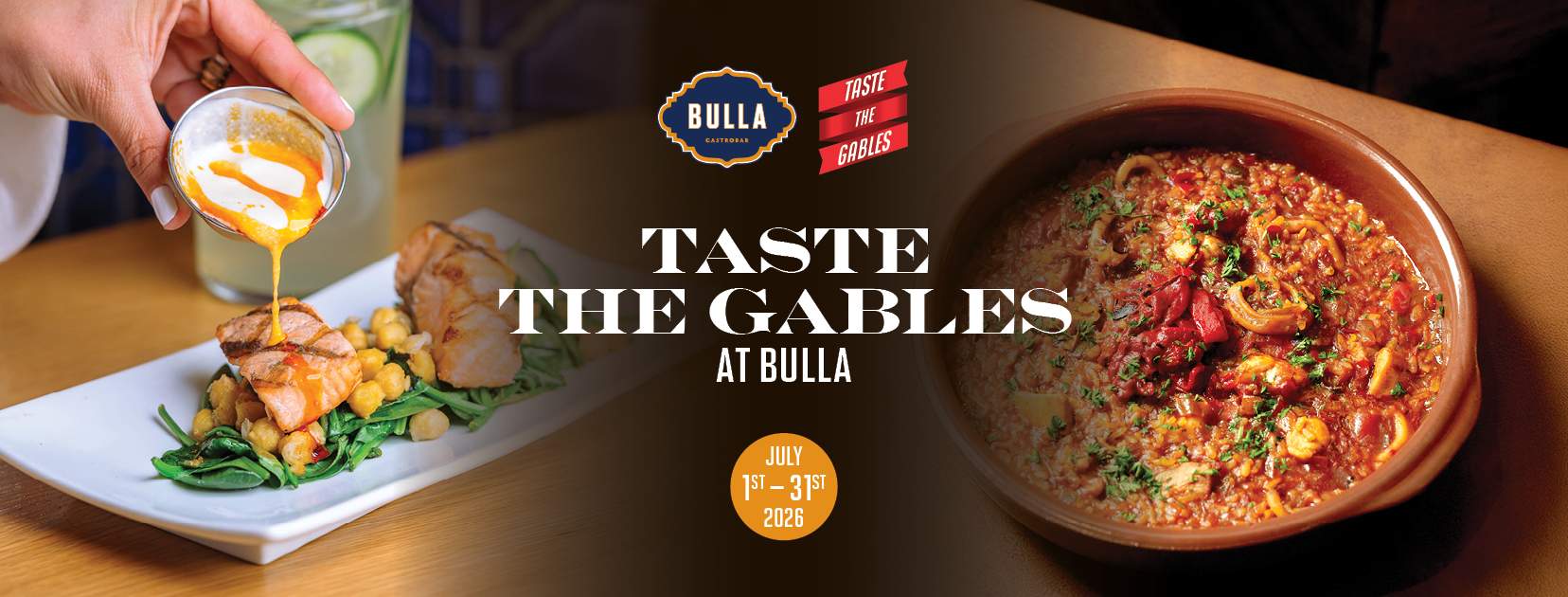 Taste the Gables 2026 promotion for Bulla Gastrobar featuring Spanish dishes, event dates, and special brunch, lunch, and dinner menu prices.