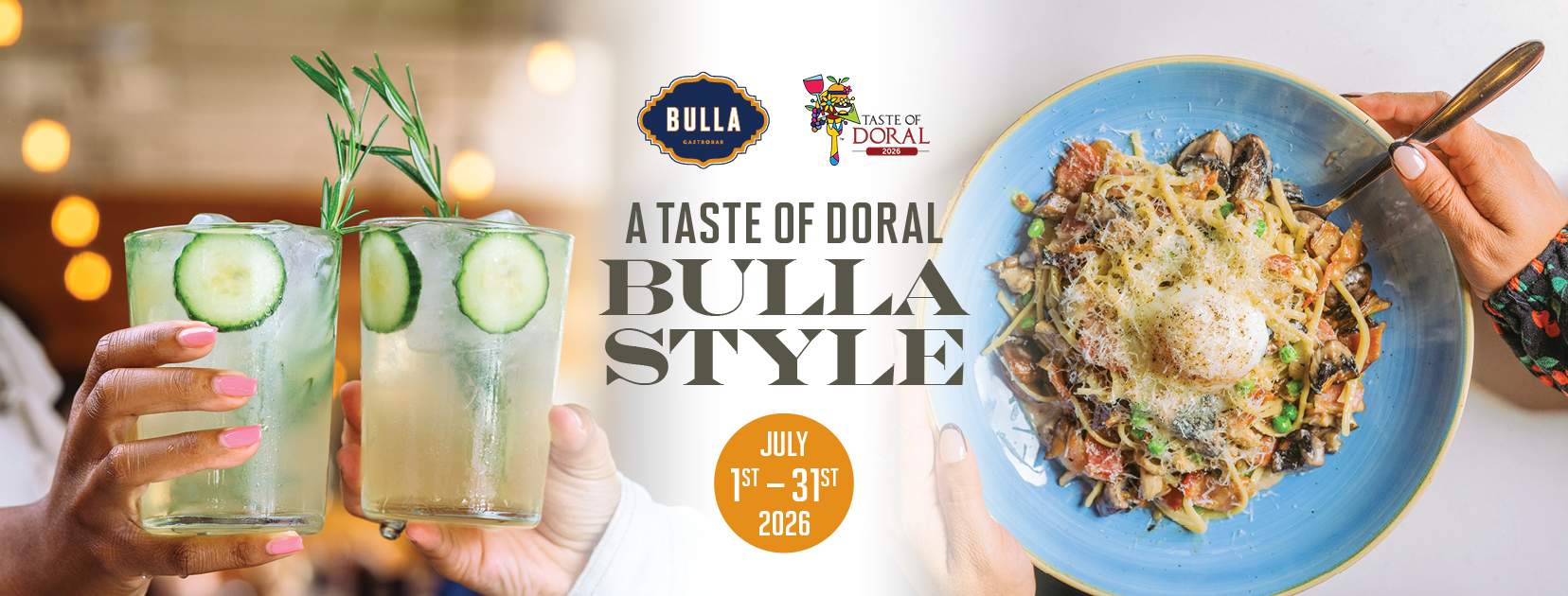 Taste of Doral 2026 promotion for Bulla Gastrobar Doral featuring cocktails, Spanish dishes, event dates, and special brunch, lunch, and dinner menu prices.