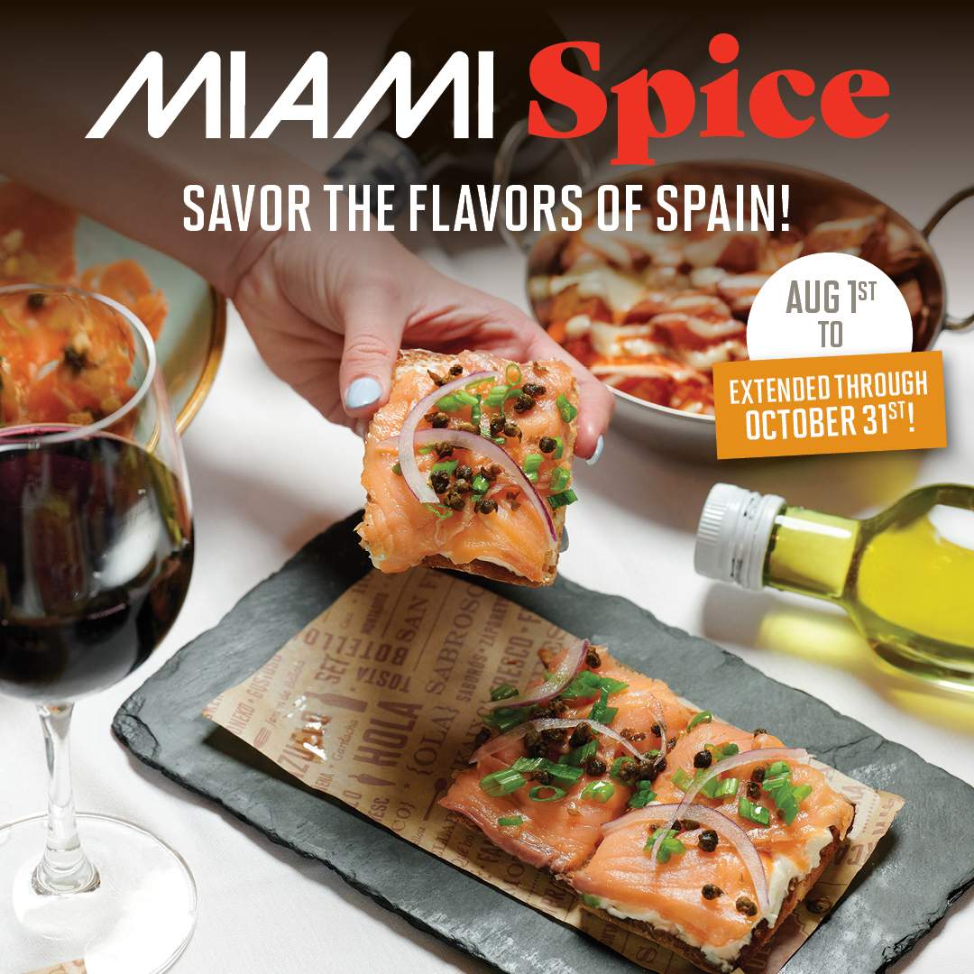 Bulla Gastrobar Miami Spice promotion featuring Spanish-inspired dishes, cocktails, and sangría with the message “Savor the Flavors of Spain.” Available August 1st and now through October 31st