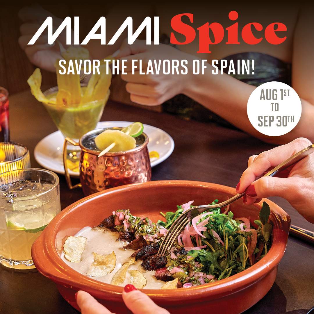 Bulla Gastrobar Miami Spice promotion featuring Spanish-inspired dishes, cocktails, and sangría with the message “Savor the Flavors of Spain.” Available August 1st through September 30th.