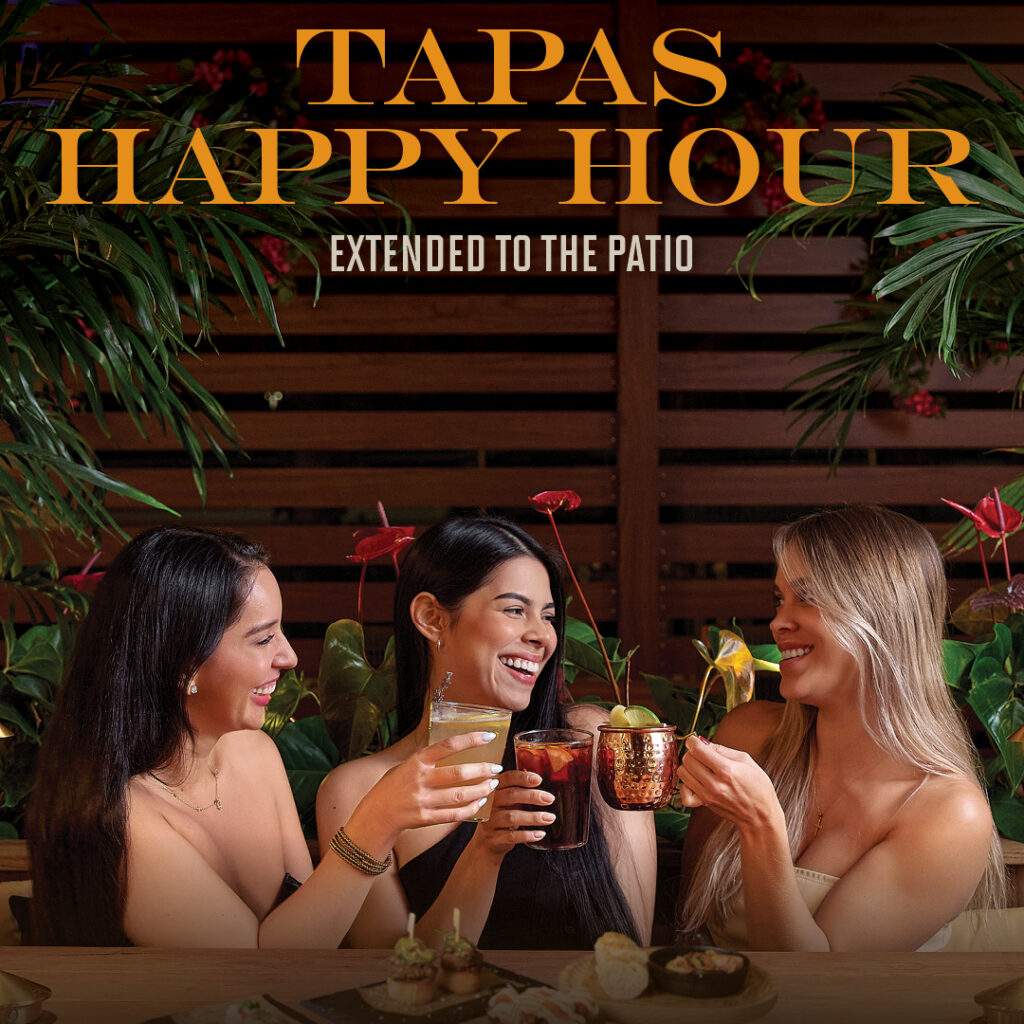 Bulla Gastrobar tapas happy hour patio promotion featuring three guests enjoying cocktails with the message “Tapas Happy Hour Extended to the Patio.”