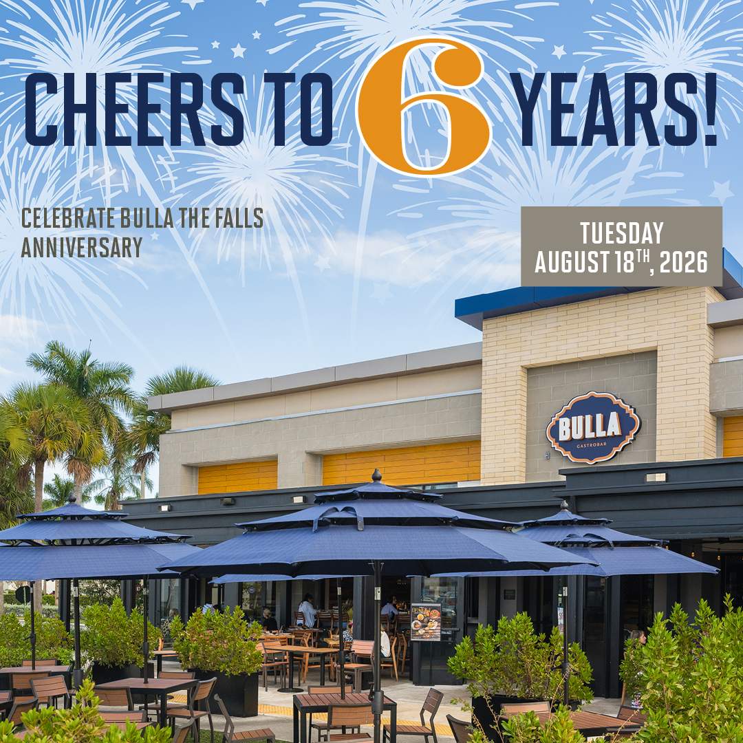 Bulla Gastrobar The Falls 6th anniversary promotion featuring the restaurant exterior with patio seating and fireworks graphics. Event takes place Tuesday, August 18th, 2026, with paella samples, extended cocktail happy hour, sangría specials, raffle, and more.