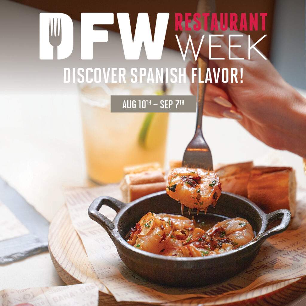 Bulla Gastrobar DFW Restaurant Week promotion featuring a three-course dinner for $49 from August 10th through September 7th, including a select drink, with 20% donated to North Texas Food Bank.