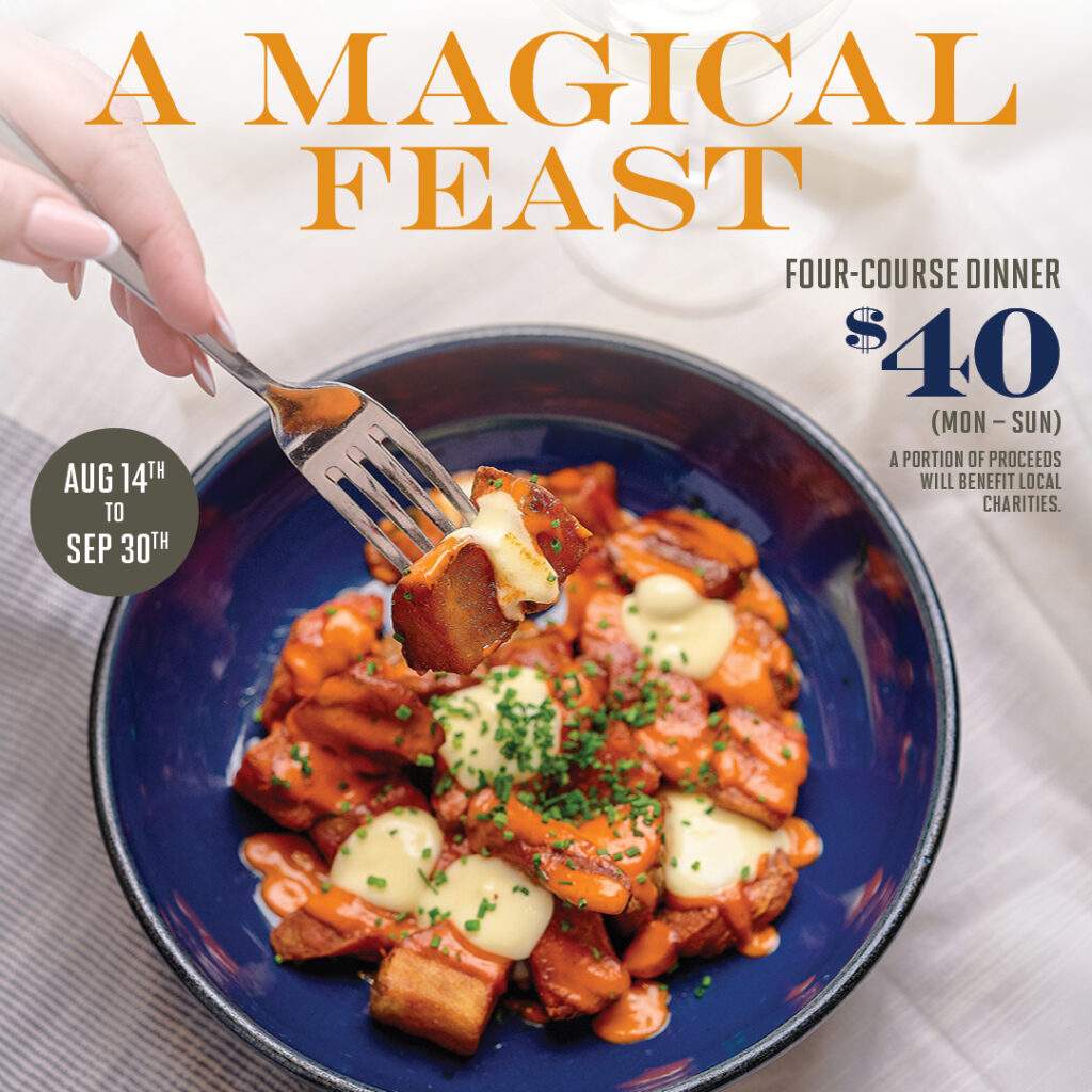 Bulla Gastrobar Magical Dining promotion featuring a Spanish-inspired dish with the message “A Magical Feast.” Four-course dinner available for $40 from August 14th through September 30th, with a portion of proceeds benefiting local charities.