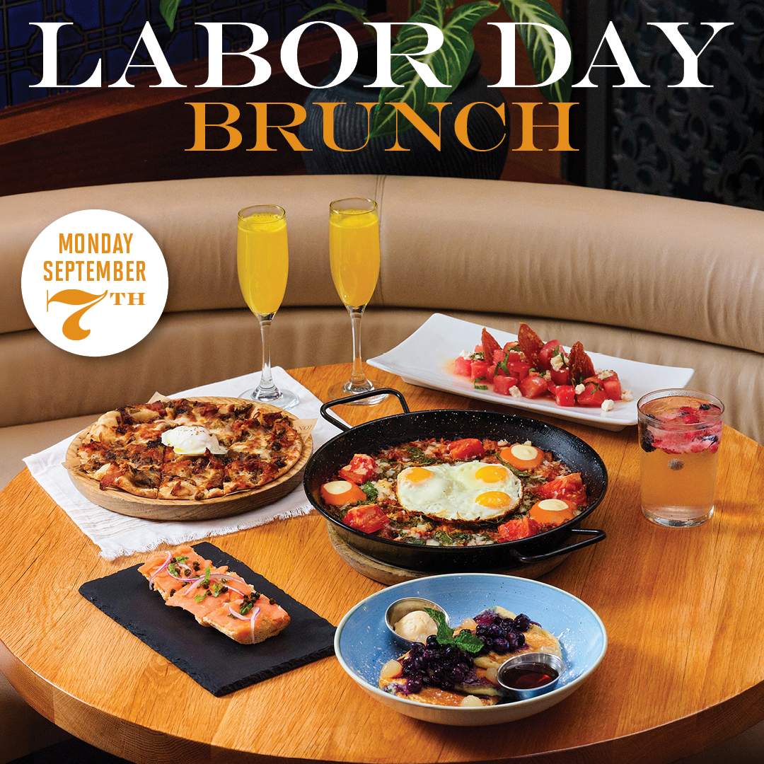 Bulla Gastrobar Labor Day Brunch promotion featuring Spanish-inspired brunch dishes, mimosas, and the message “Labor Day Brunch” for Monday, September 7th.